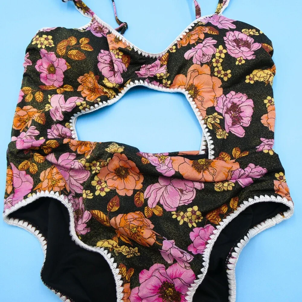 Victorias Secret Medium Black Shimmer Floral Cutout‎ Lace One Piece Swimsuit New